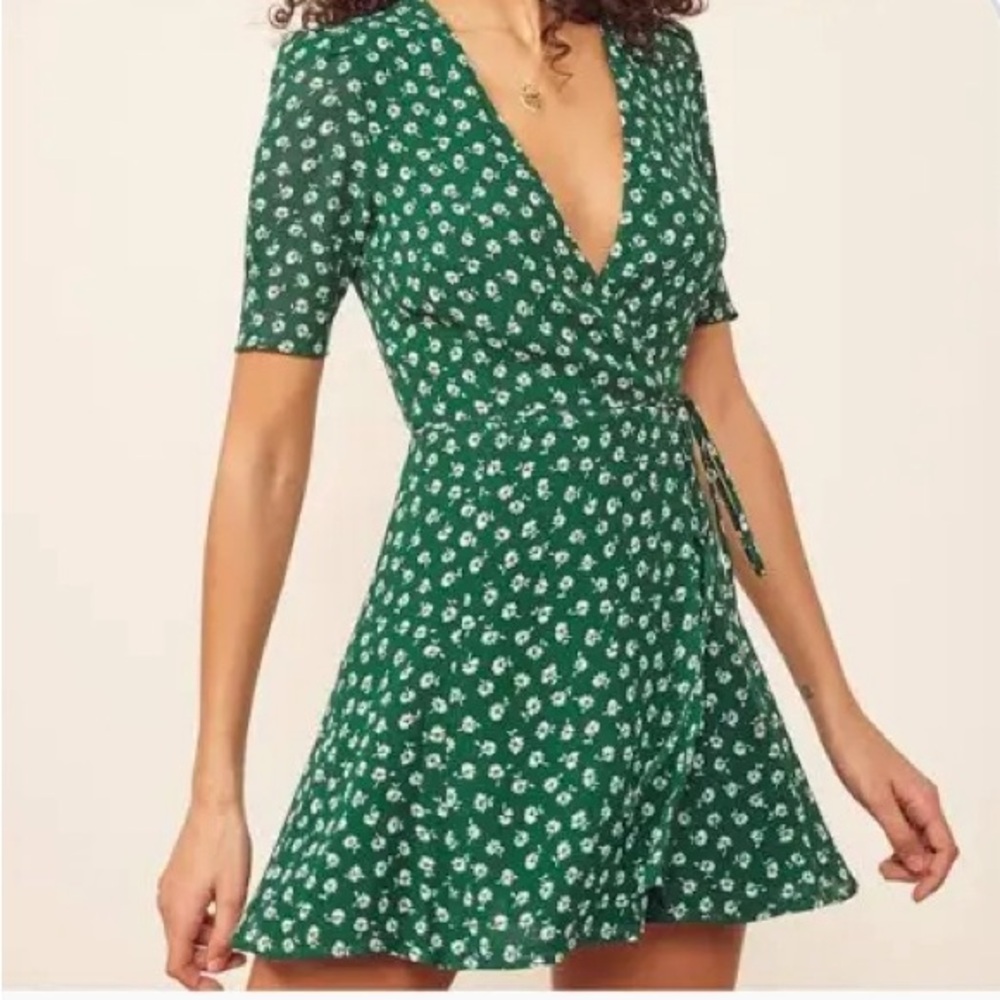 Reformation Green Floral Print Mini Wrap Dress size XL